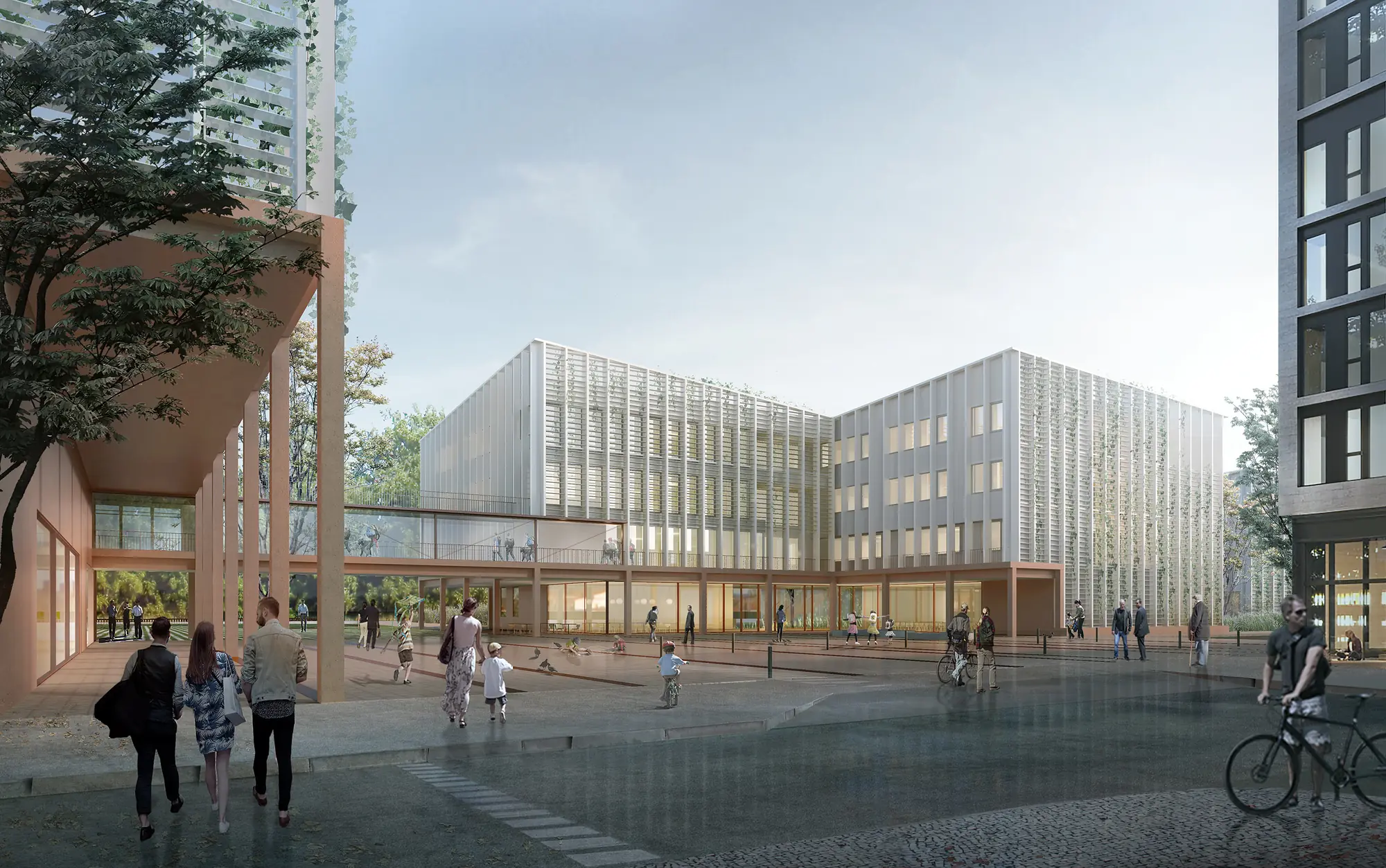 Visualisierung des Neubaus des Gymnasiums Heinzelmännchenweg in Düsseldorf-Grafental, Straßenansicht mit Schülerinnen und Schülern