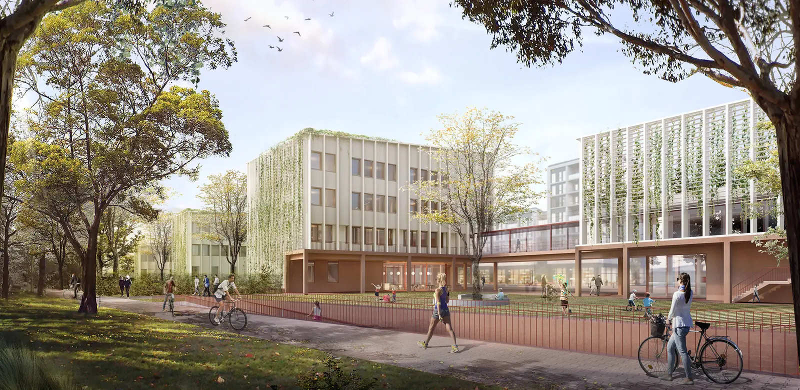 Visualisierung des Neubaus von der Parkseite, mit Bäumen und Radweg