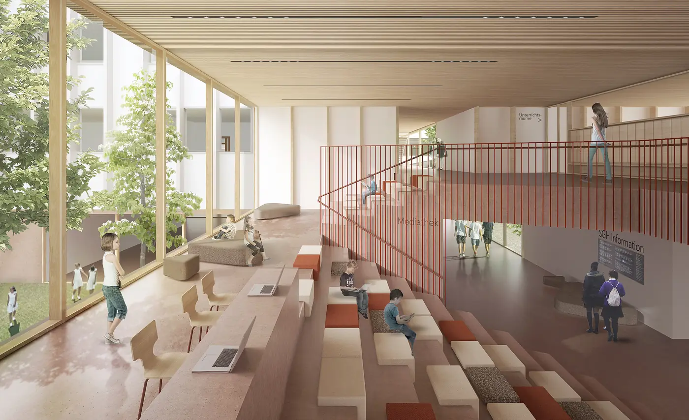 Visualisierung der Lerntreppe im Neubau mit Arbeitsplätzen